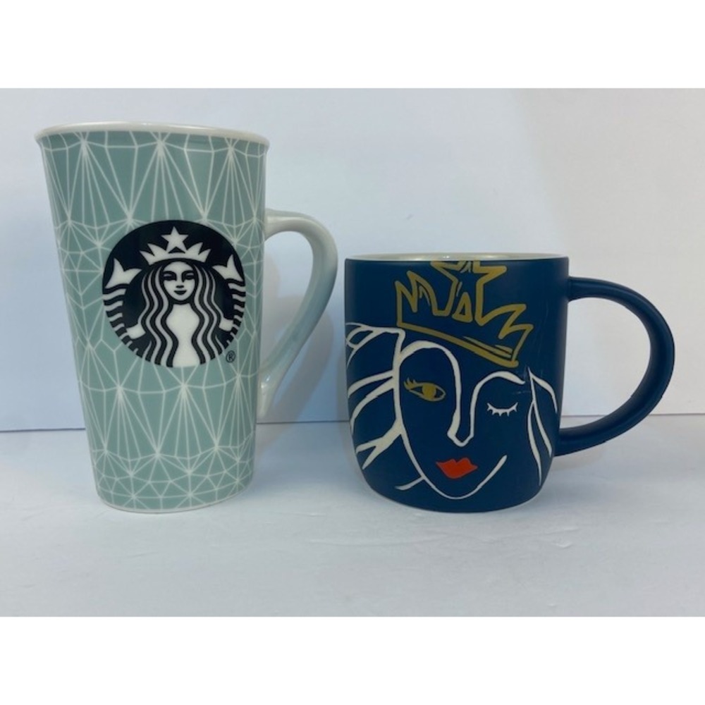 Starbucks Siren Mug Set 16oz Teal Geometric & 14oz Navy Blue Stylized Ceramic